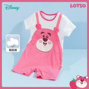 迪士尼童装宝宝纯棉肩开连体衣婴幼儿，夏季草莓熊可爱(熊可爱)哈衣连身衣