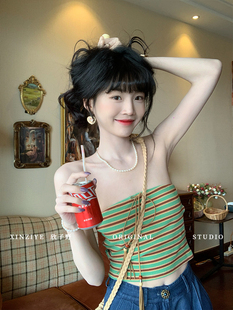 欣子野趣野夏季辣妹设计绿咖条纹女内搭裹胸背心吊带