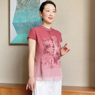 母亲节妈妈夏装气质两件套装中国风中年女旗袍领雪纺衫水墨画上衣