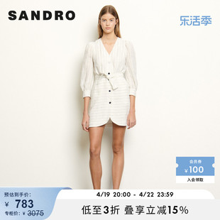 sandrooutlet女装春季v领条纹腰带，时尚通勤白色连衣裙sfpro01135