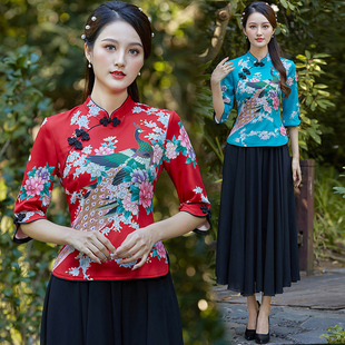 春夏改良旗袍两件套上衣大码民族，风中式汉服七分袖，表演茶艺服