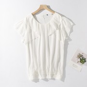 e79-4夏季女外贸白色，波点轻薄透视罩衫衬衣，宽松荷叶边短袖雪纺衫