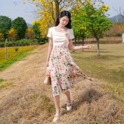 ATAR法式小众甜美套装裙女装夏季玫瑰T恤雪纺印花长裙两件套