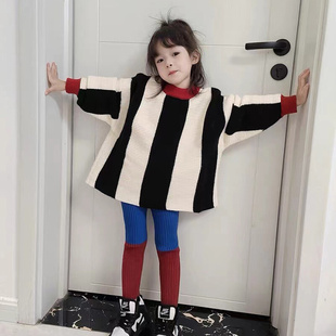 22年秋冬季韩版女宝宝时尚，拼色蝙蝠袖上衣女童，长袖针织外穿毛衣
