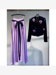 欧货大牌高级感炸街时尚小香风紫色花朵外套阔腿裤两件套装女夏秋