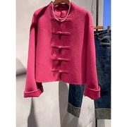 今年流行新中式国风女装复古盘扣，上衣气质高级感玫红色外套女秋冬