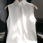 无袖木耳边立领衬衫女士2023春季洋气设计感小衫网纱白色衬衣