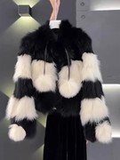 韩版黑白撞色条纹仿皮草，外套女2023冬季短款甜美减龄款毛毛衣(毛毛衣)