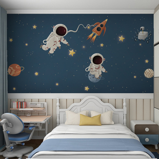 儿童房墙纸男孩卡通卧室墙布，太空主题壁纸壁画定制壁布墙面装饰