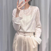 新中式国风盘扣白色真丝上衣女2023秋季洋气圆领国潮长袖衬衫