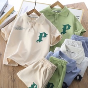 儿童短袖T恤2件套装2024夏季男孩翻领POLO上衣中大童运动休闲短裤
