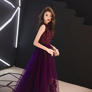 宴会晚礼服2022夏季紫色欧美亮片长款礼服裙主持人走秀派对礼服裙
