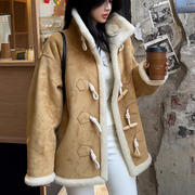 韩国东大门冬季加厚牛角扣皮毛一体外套两面穿风衣夹克毛绒女大衣