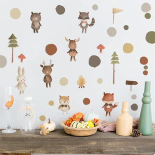 ins北欧动物卡通墙贴儿童房幼儿园松树狐狸圆点贴纸装饰拍摄道具