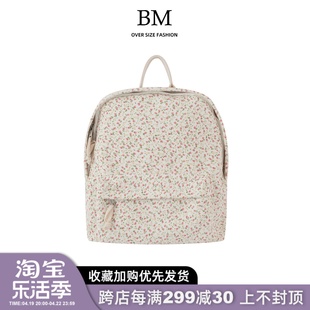 BM Fashion 青年美式学院风双肩包碎花帆布包bm拉链书包百搭背包