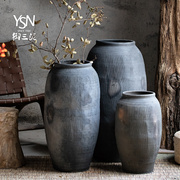 落地花瓶组合禅意土罐仿古中式艺术，老瓦罐复古翁缸粗陶做旧黑陶罐