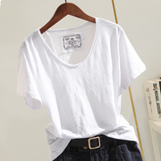 短袖竹节棉t恤女夏装，2023韩版纯白色，毛边v领宽松显瘦半袖上衣