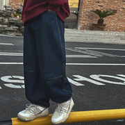 日系oversize裤子高街美式复古深蓝色牛仔裤男直筒，宽松阔腿灯笼裤