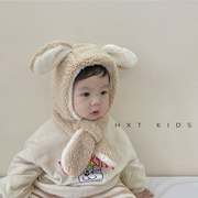 婴儿帽子围巾一体冬季羊羔毛兔耳朵可爱超萌婴幼儿宝宝保暖护耳帽