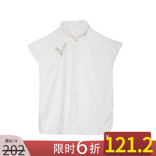 nanastore白色衬衫女春季短袖，宽松立领刺绣，碎花中式上衣短t恤