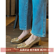 kmeizu法式优雅~5.5cm粗跟单鞋女春季流行金银，花朵ol不累脚高跟鞋