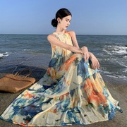 波西米亚风油画印花无袖挂脖背心长裙宽松显瘦海边度假沙滩裙超仙