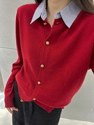 红色羊毛针织翻领衬衫领假两件羊绒毛衣开衫欧洲站春季打底衫上衣