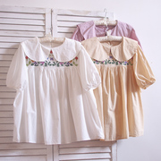 韩国小清新彩色刺绣娃娃，领宽松衬衫短袖，高腰娃娃衫女衬衣夏季