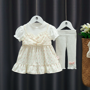 一岁女童短袖套装2儿童连衣裙，两件套3女宝宝背带，裙套装洋气小童潮