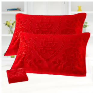 大红色枕巾一对纯棉加大加厚枕，头巾婚庆提花喜字，纱布结婚枕巾春季