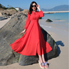 海南三亚旅游连衣裙红色，雪纺波西米亚气质，长裙海边度假长袖沙滩裙