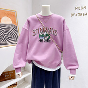 韩代款定制树莓粉色上衣~2024早春款复古美式假两件卫衣洋气时髦
