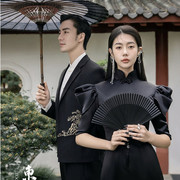 中国风系黑色主题婚纱摄影道具黑色扇子古装东方复古拍照女士折扇