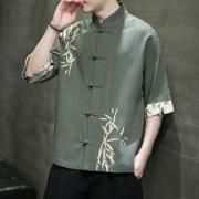 夏季中国风亚麻衬衫男短袖衬衣中式改良汉服唐装刺绣棉麻半袖上衣