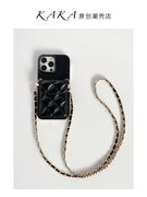 欧美时尚小香风黑色菱格苹果13保护套适用于14promax手机壳斜挎12背带皮挂绳11保护壳奢华皮质零钱插卡包