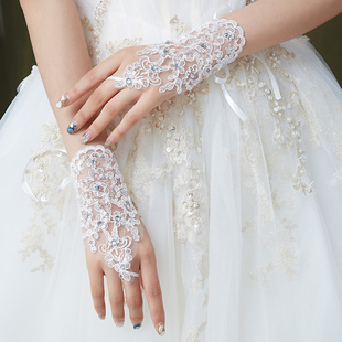 韩式简约婚纱礼服手套新娘短款蕾丝绑带白色，演出亮片红色手套夏季