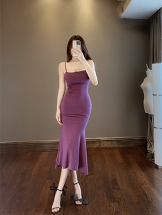 思瑞葡萄紫吊带鱼尾裙，卡戴珊同款气质，显白修身包臀性感连衣裙