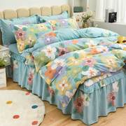 韩式床裙款纯棉四件套100全棉花边床罩被套家用床上用品春季4件套