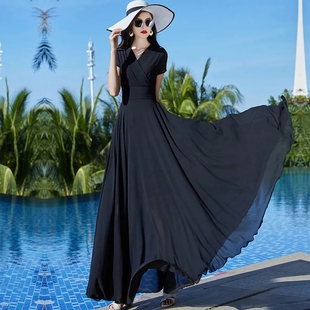 夏季黑色雪纺连衣裙女气质v领修身显瘦波西米亚沙滩大摆长裙