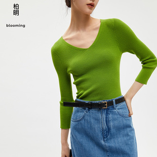 柏明blooming秋季女装一体修身V领绿色羊毛打底针织衫