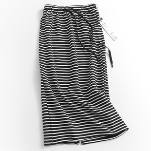 l103黑白条纹抽绳运动半身裙，女夏季小个子，开叉裙子包臀裙半裙长裙