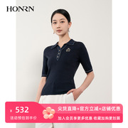 honrn红人蓝色修身显瘦短袖翻领套头，针织衫上衣女春秋hh11om194