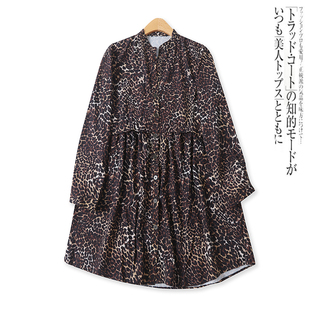 豹纹衬衫裙秋季外贸女装复古单排扣高腰显瘦长袖连衣裙13313