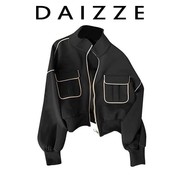 DAIZZE~2025春韩版个性休闲小立领棒球服女宽松短款黑色长袖外套