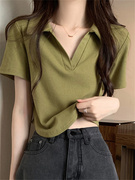 绿色polo短袖t恤女2023夏韩版修身v领纯色，打底圆弧下摆领纯棉上衣