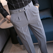咖啡色裤子男显高九分小脚英式西装裤秋季发型师正装X腰带双褶西