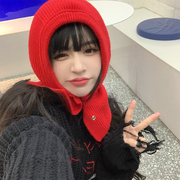 西瓜妹妹韩国红色连体帽子网红围脖针织帽女冬季保暖护耳毛线帽
