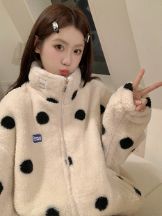韩版珊瑚绒睡衣女冬季加绒加厚圆点拉链，开衫高领可爱宽松大码套装