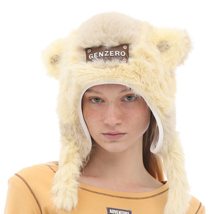 「脾气系列」米色毛绒包头猫耳帽冬季保暖百搭护耳帽甜美可爱时尚