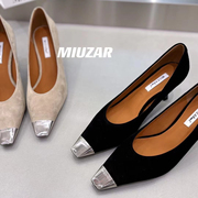 妙莎miuzar女鞋2024夏季真皮，金属方头气质高跟瓢鞋浅口单鞋
